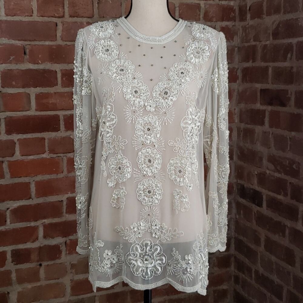 Jack‎ Bryan vintage 80s long sleeve beaded sheer tunic blouse S